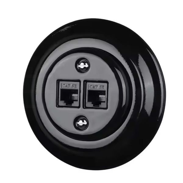 Dupla RJ45 aljzat – fekete porcelán kerettel (2×RJ45, CAT5e/CAT6)