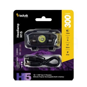 Technik Fejlámpa H15 (akkumulátoros) CREE LED + USB Type-C (300 lumen)